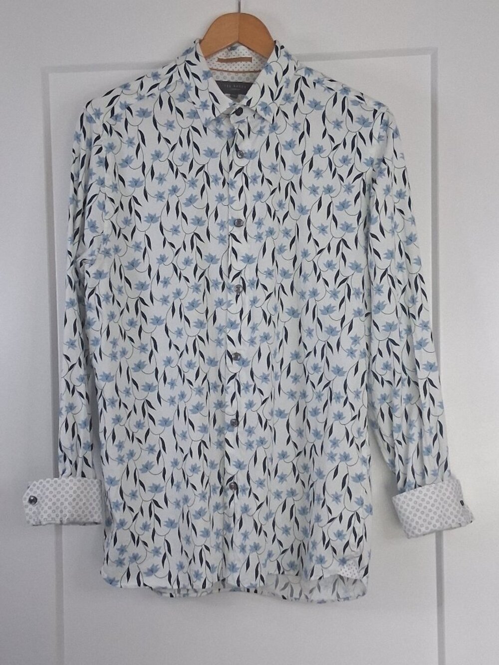 Ted Baker London Modern Fit Shirt Mens S 16 Blue Floral Stretch Cotton Button Up
